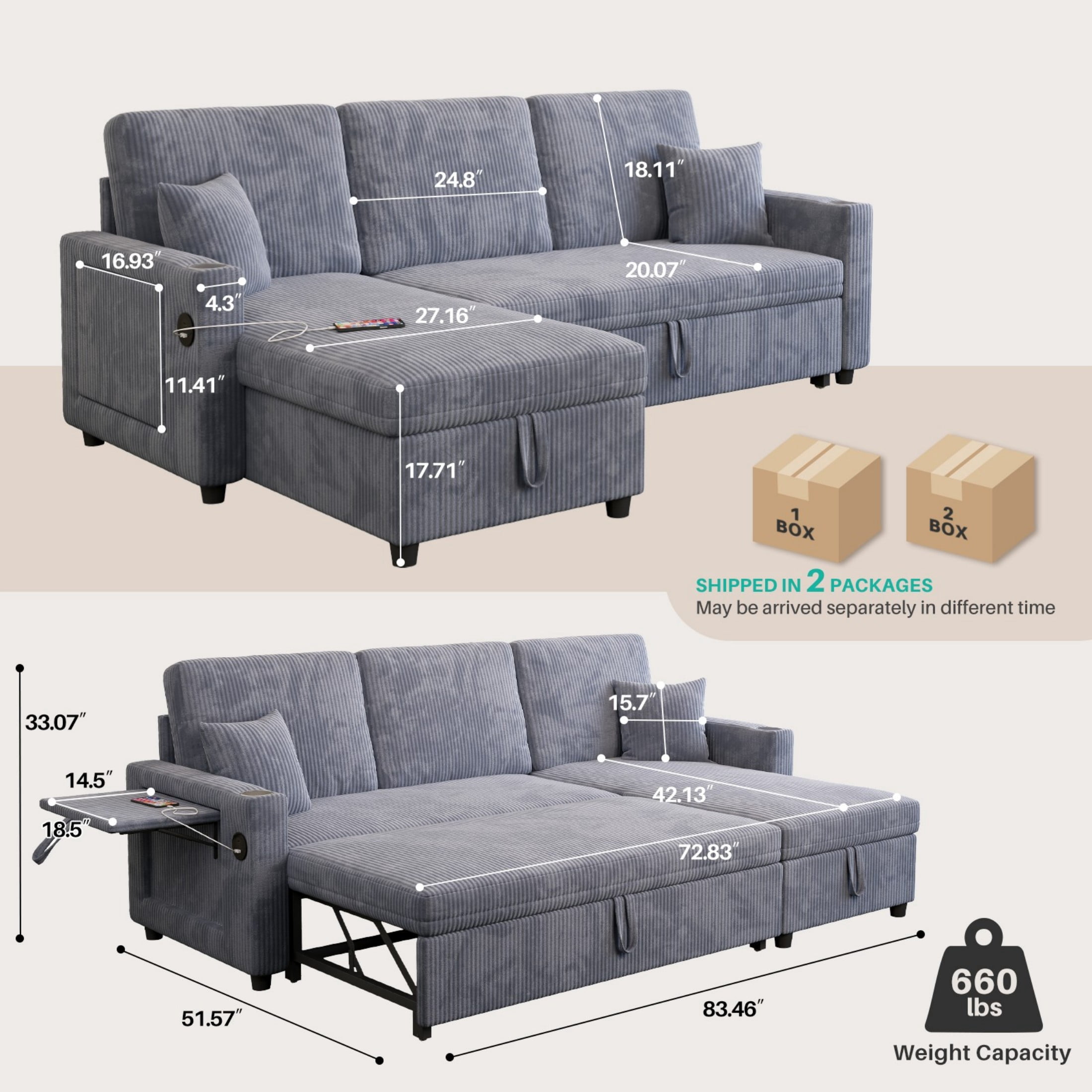 Sleeper Sectional Sofa, 83" Convertible Sofa Bed with Pull Out Couches, Small Desktop, L Shaped Couch with Reversible Chaise, Cup Holders, USB, Modern Corduroy Sofas for Living Room Apartment, Grey