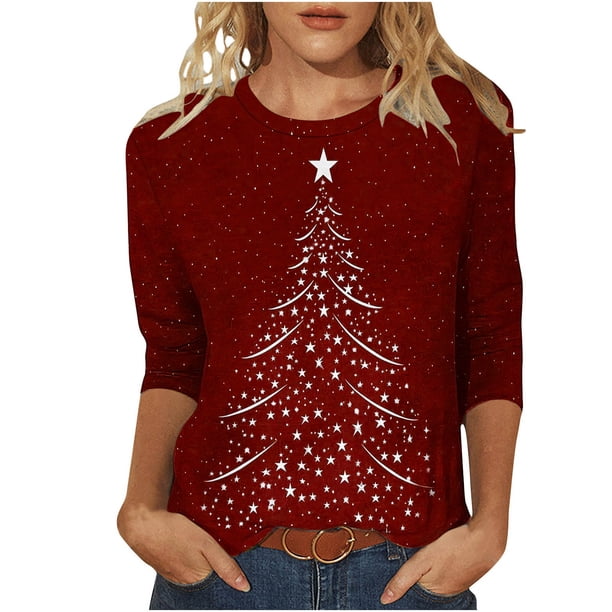 Camisetas de Navidad para Mujeres, 3/4 Manga Cuello Redondo Blusa con Estampado de Vacaciones, Top de Moda Casual