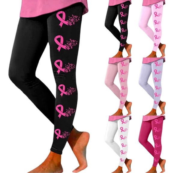 Arlun Cancer Awareness Leggings for Women High Waisted Stretchy Lifting Soft Comfortable Workout Leggings Pink Ribbon Printed Casual Sports Yoga Pant 1-White XL