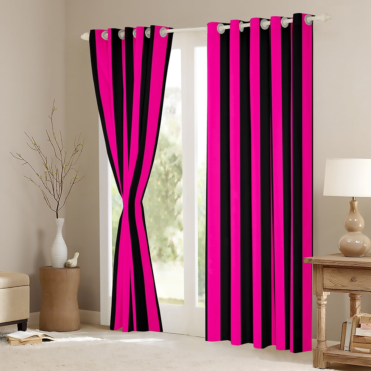 Feelyou Blue Pink Abstract Teens Black Out Curtains, Modern Geometric Lines Curtains Pack of 2 (42x63 Each), Farmhouse Ticking Stripes Bedroom Curtains, Living Room Curtains Decor