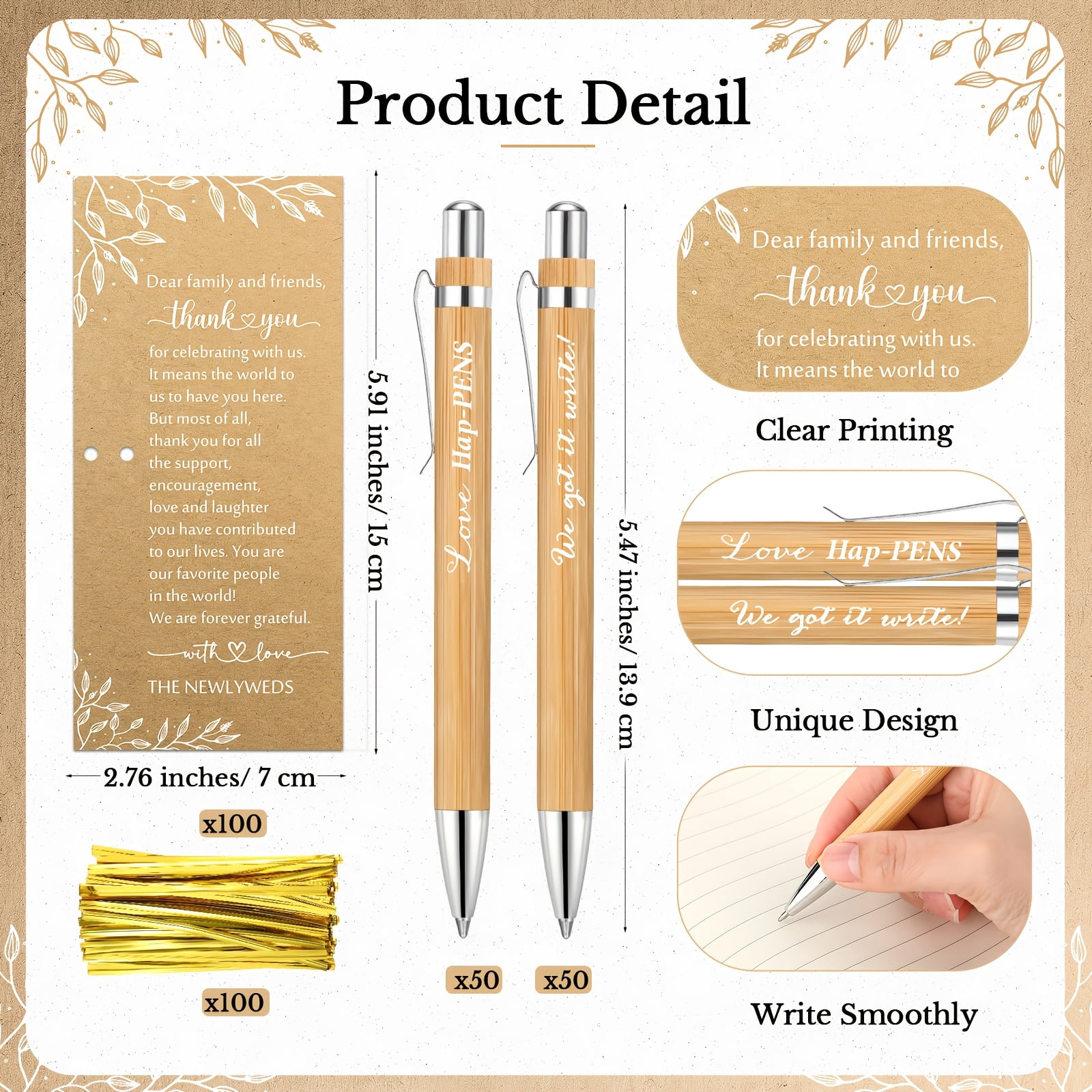 100 Sets of Bulk Wedding And Bridal Gift Party Favors, Elegant Pens with Exquisite Metal Accents And Thank-You Cards, Ideal Accompaniments to Wedding Invitations As Practical Gifts for Wedding Guests