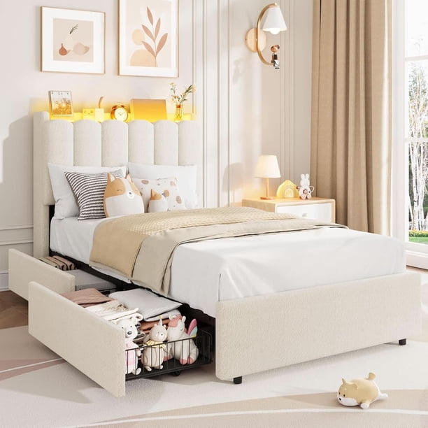 Qinaqin Twin-XL Boucle Upholstered Platform Cama con cm de Anchoavy Alturaeadboard- Almacenamiento Bookcase- 2 Profundidadrawers- No Caja Spring Needed- Blanco Stylish de