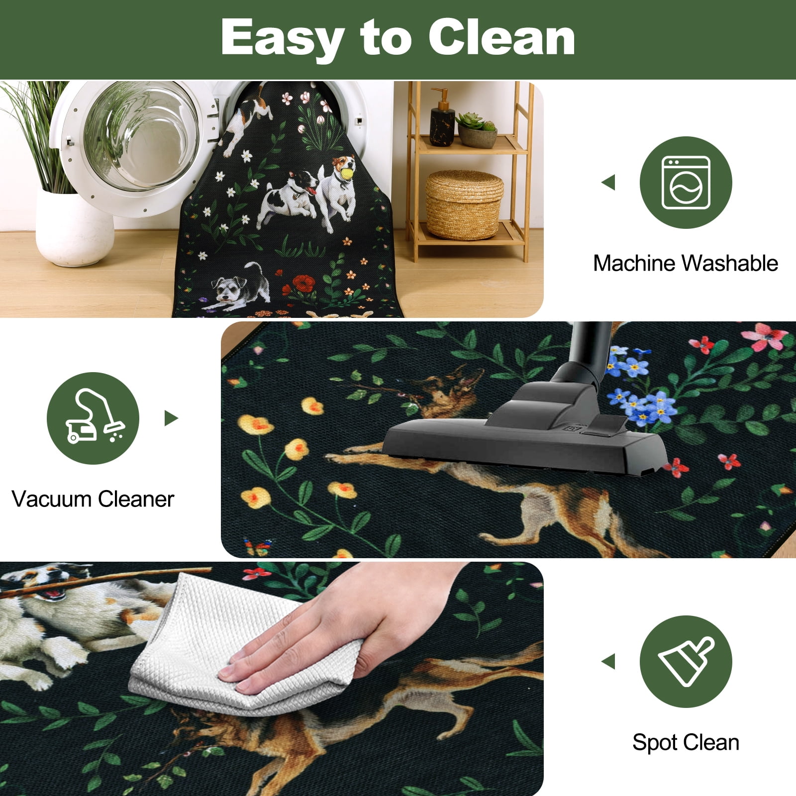 MJIAexp 2'x8' Jute Animal Dog Floral Kitchen Runner Rug,Woven Texture Machine Washable Runner Rug Non-Slip Rubberback Hallway Runner Laundry Rug Throw Carpet for Living Room Bedroom Dining Room Entry
