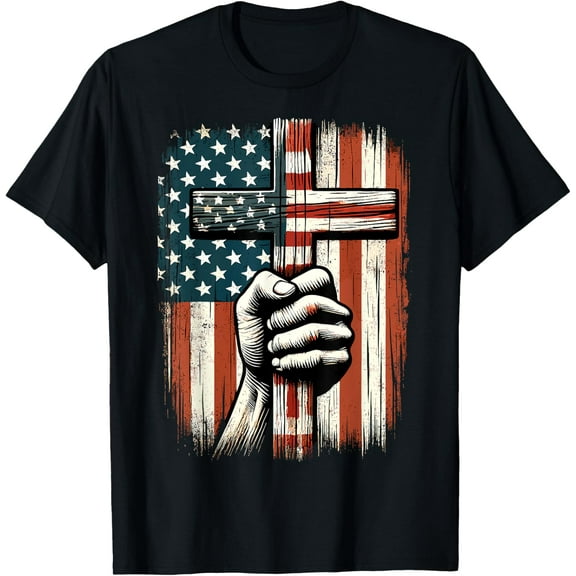 American USA Flag Christian Cross Jesus 4th Of July T-Shirt
