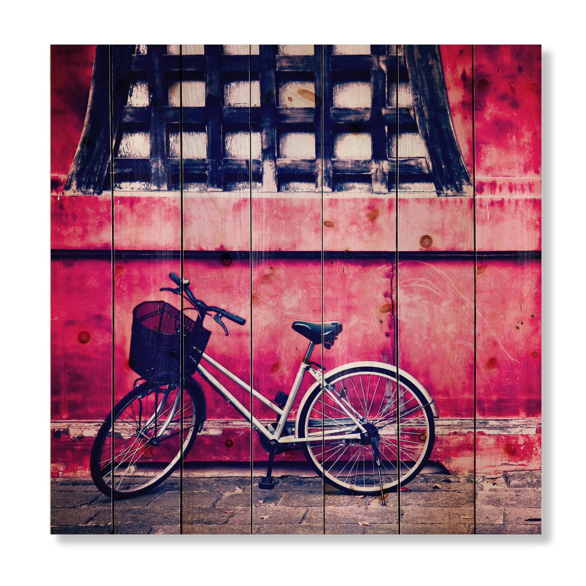 Designart 'Bicycle By Oriental Zozoji Temple Tokyo' Vintage Print on Natural Pine Wood