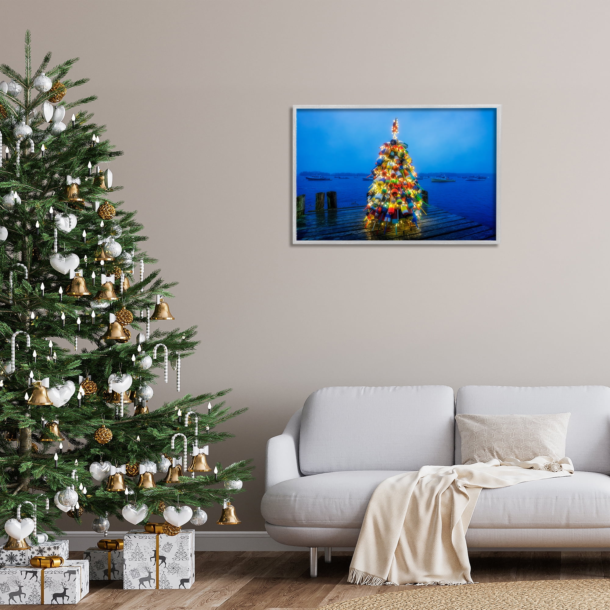 Stupell Industries Lit Bouys Christmas Tree Holiday Painting Gray Framed Art Prints Wall Art, 30 x 20