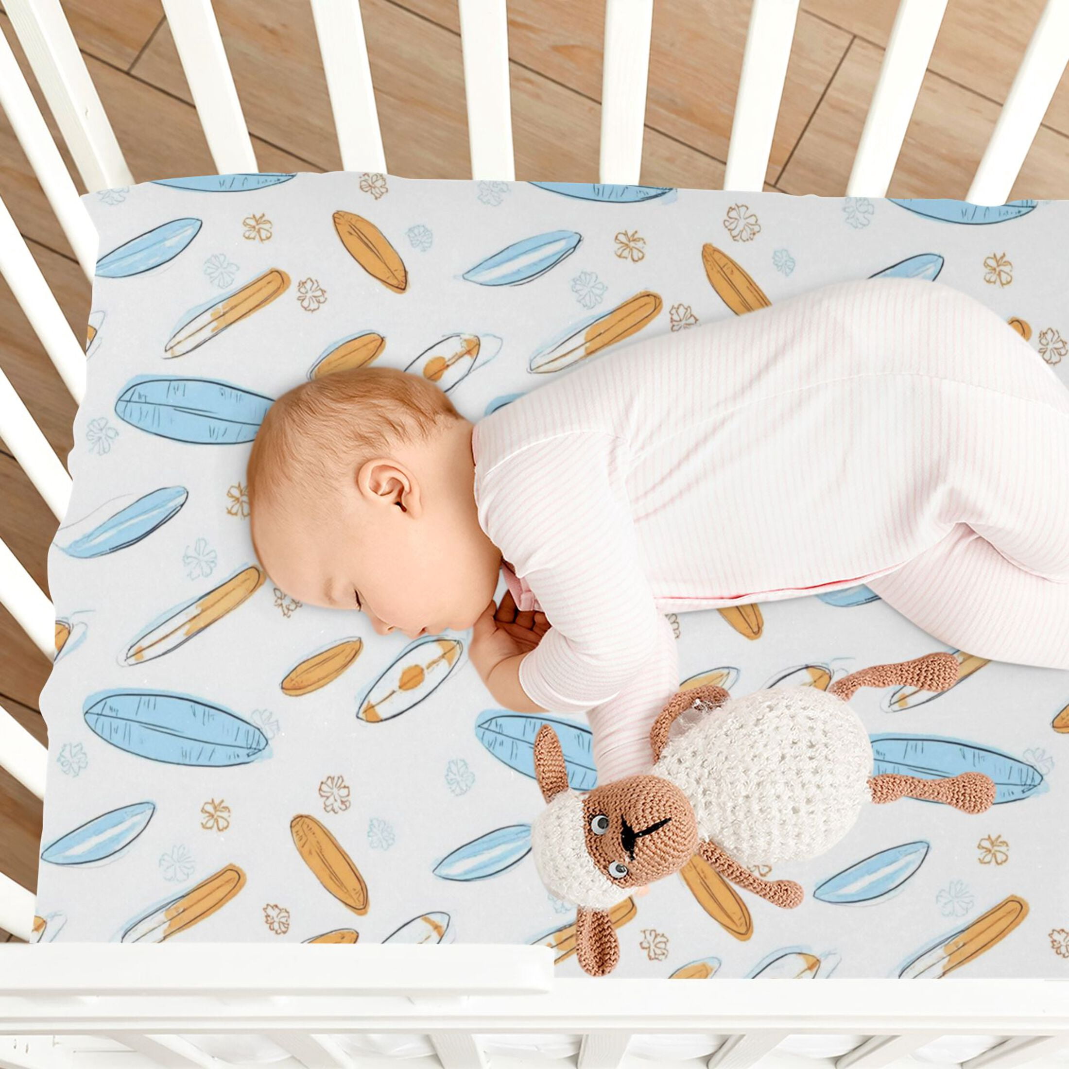 Baby Essentials 52”x 28”- Standard Cotton-like Modal Elastic- Surfboard Design Crib Sheets for Newborns and Toddlers