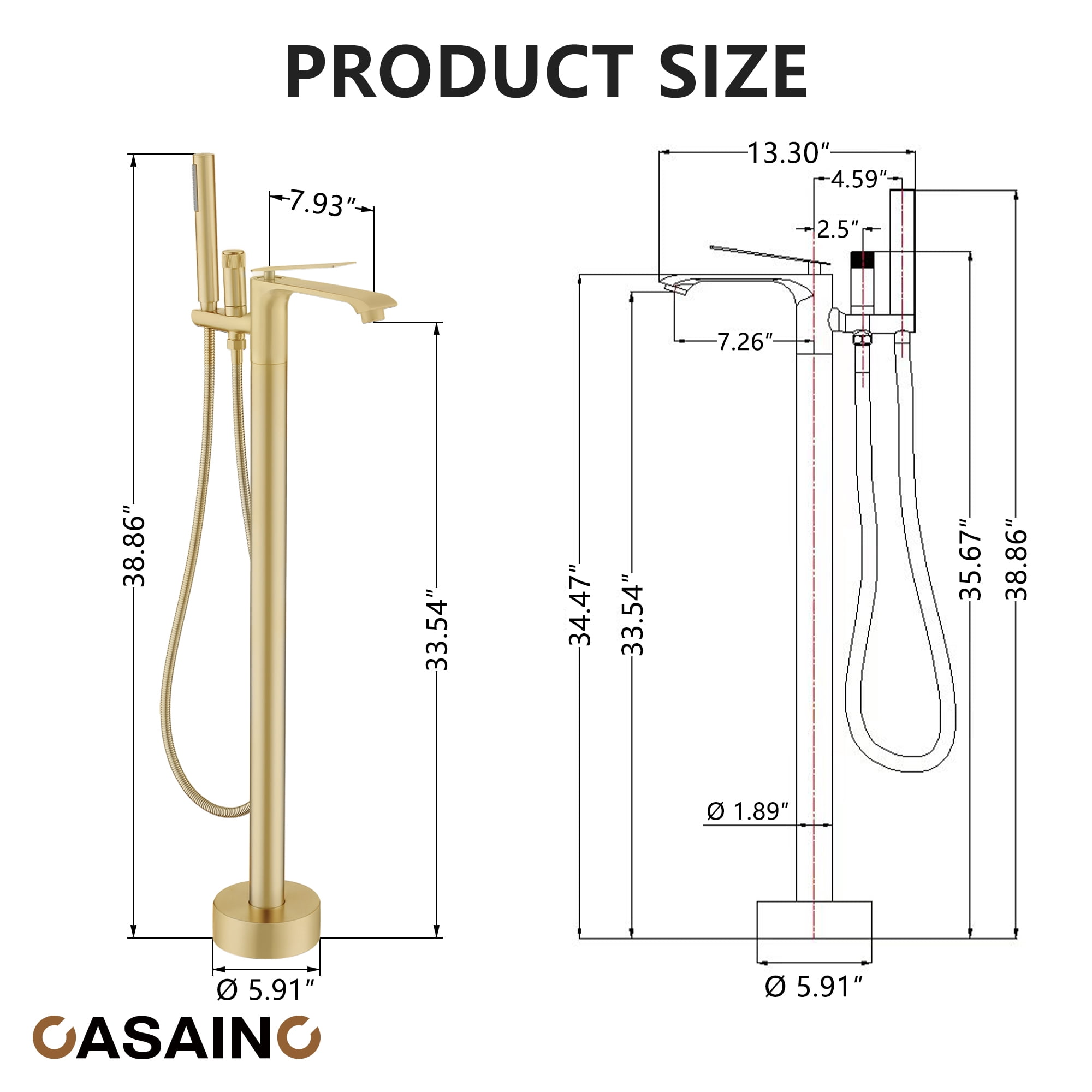 CASAINC Single-Handle Freestanding Floor Mount Tub Filler Faucet with Handheld Shower in Brushed Gold