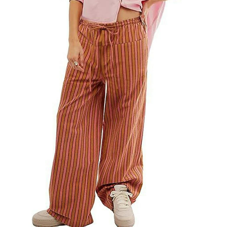 AIHUKOCY Women Drawstring Stripe Wide Leg Casual Trousers