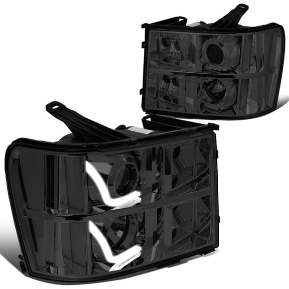 DNA Motoring LED DRL Projector Headlight Lamps for 2007-2014 GMC Sierra Pickup, Smoked/Clear