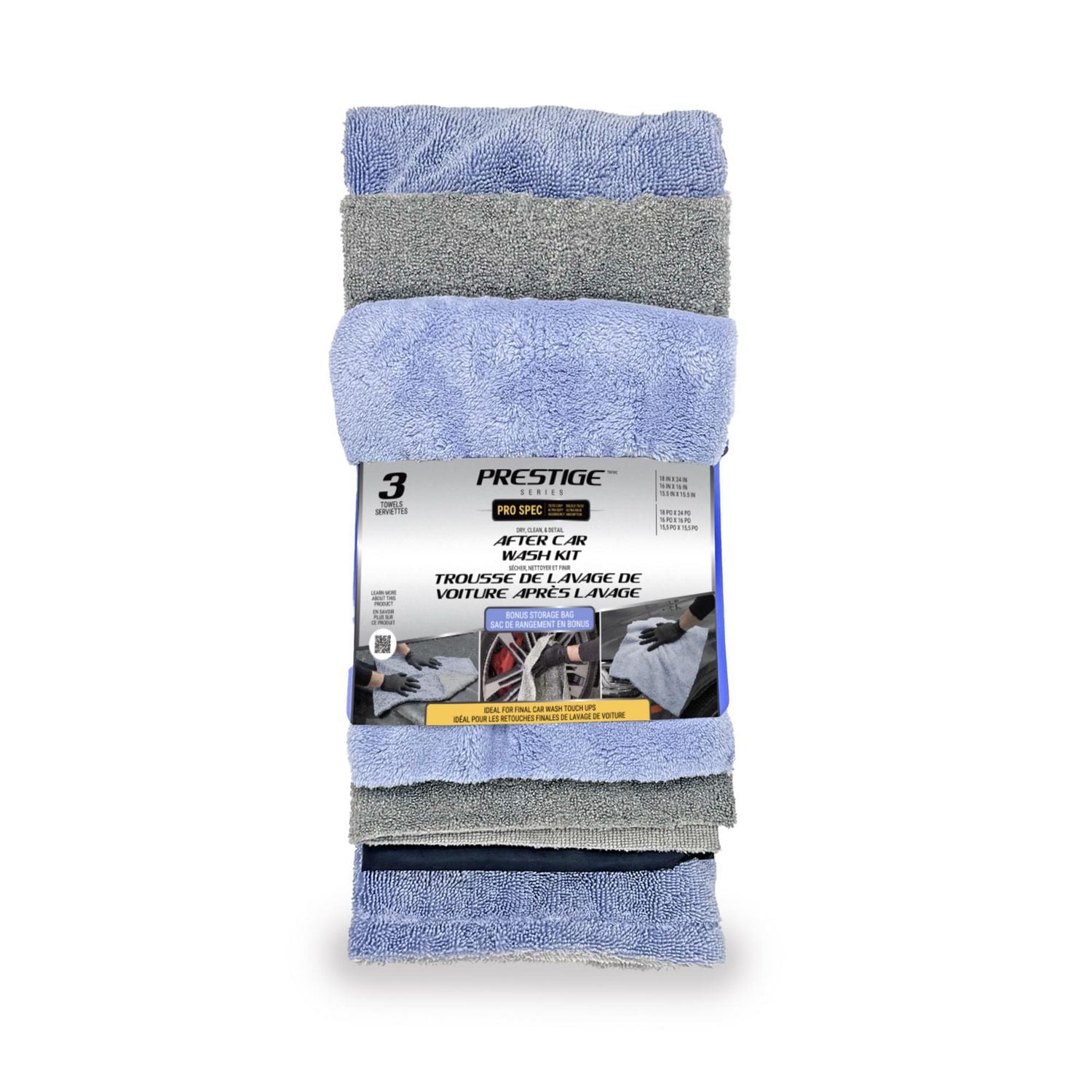 Prestige Series Pro Spec After the Car Wash, Clean, Dry and Detail, 3 Towels, Includes Storage Bag