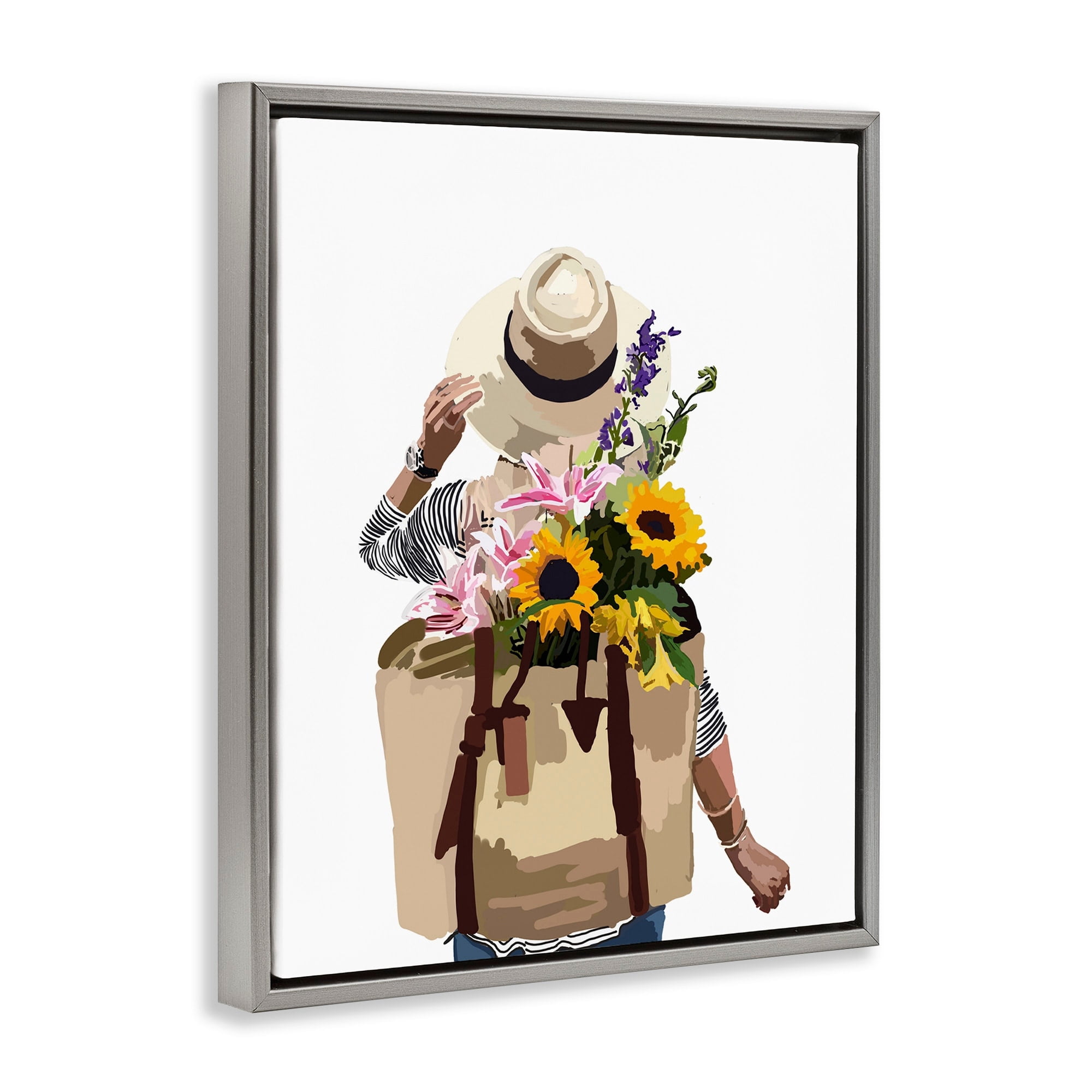 Stupell Industries Woman Carrying Floral Backpack Varied Sunflower Blossoms Graphic Art Luster Gray Floating Framed Canvas Print Wall Art, Design by Amelia Noyes