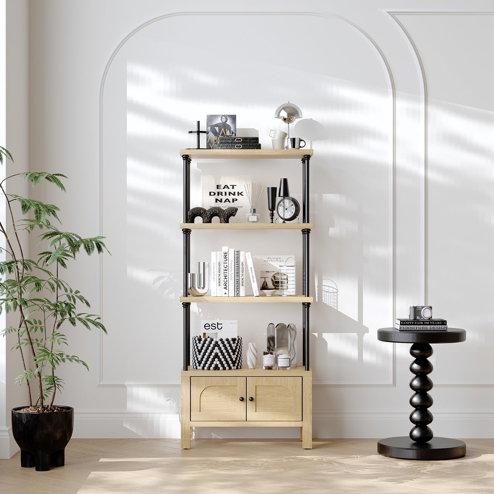 Furnibear Bookshelf with 2 Doors 55 Inches Tall 4 Tier Storage Shelf with Cabinet,Modern Open Bookcase for Living Room or Home Office,Brown