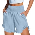 thumbnail image 2 of Bloomae Ruffled Trim Shorts for Women Casual Smoked Elastic High Waist Beach Vacation Short Pants Loose Wide Leg Pull On Shorts with Pockets Light Blue XXL, 2 of 8