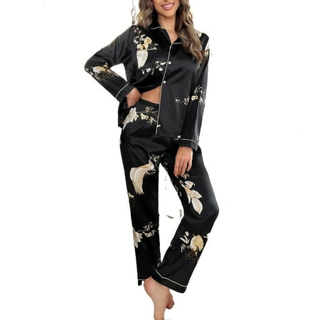 

2pcs Set Elegant Floral Print Lapel Neck PJ Pant Sets Long Sleeve Black Women s Pajama Sets (Women s)
