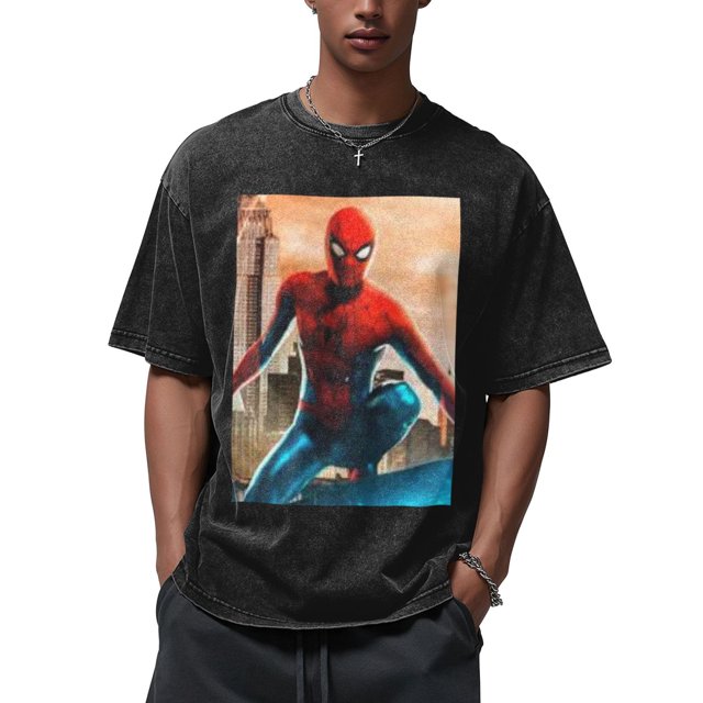 Spider-Man 210g Men's Crew Neck Washed Short Sleeve T-Shirt - Hot Stamping