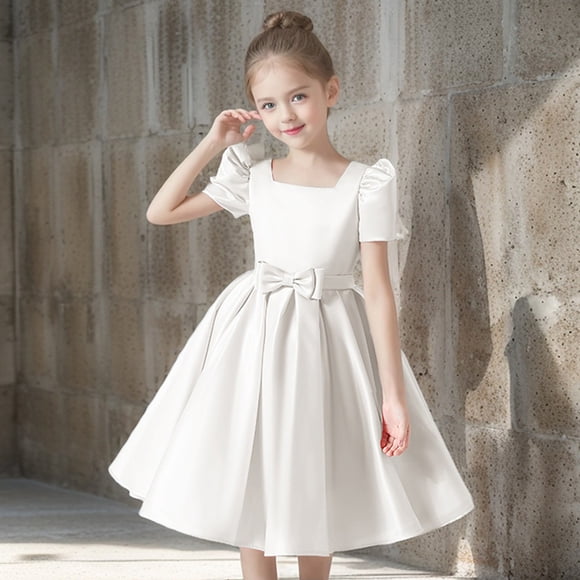 Girls Solid Color U Neck Dress, Elegant Princess Party Gown with Bow Waist, Flower Girl Junior Bridesmaid Dress for Wedding and Special Occasions White 130