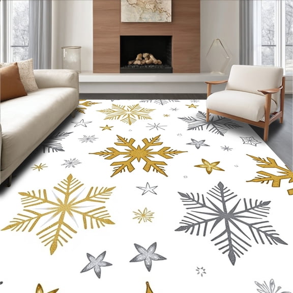 Flatwoven High Traffic Area Rug, Elegant Snowflake Festive Holiday Sparkling Winter Decoration, Non Slip, Stain Resistant, Washable Area Rugs for Living Room, Bedroom(Gold, 4X6)