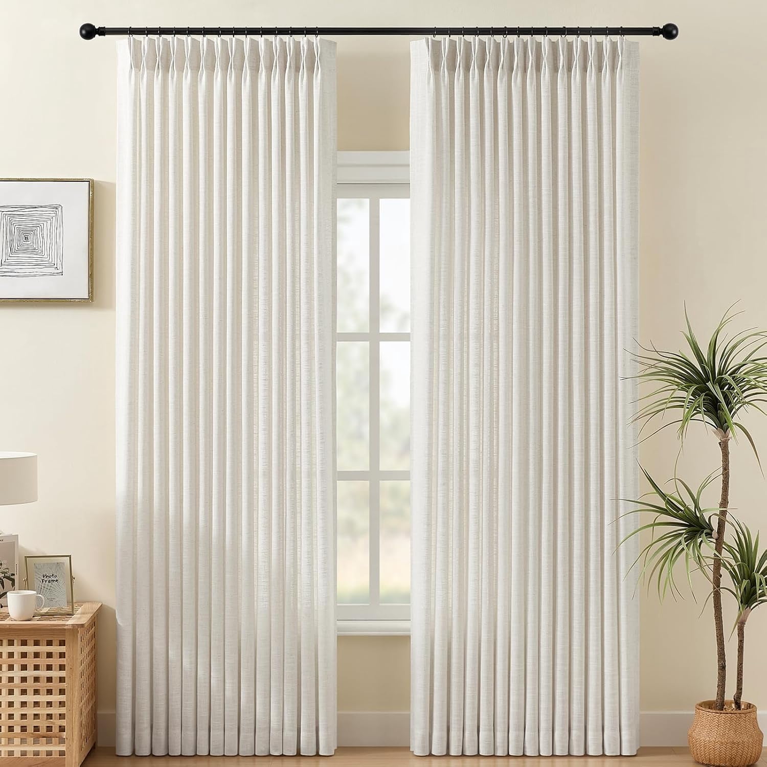 Nalqet Pinch Pleated Linen Curtains 84 inch Length 2 Panels Set, Light Filtering Linen Blend Sheer Drapes Memory Trained Pleated Curtain Back Tab with Hooks Rings for Living Room Bedroom, Natural