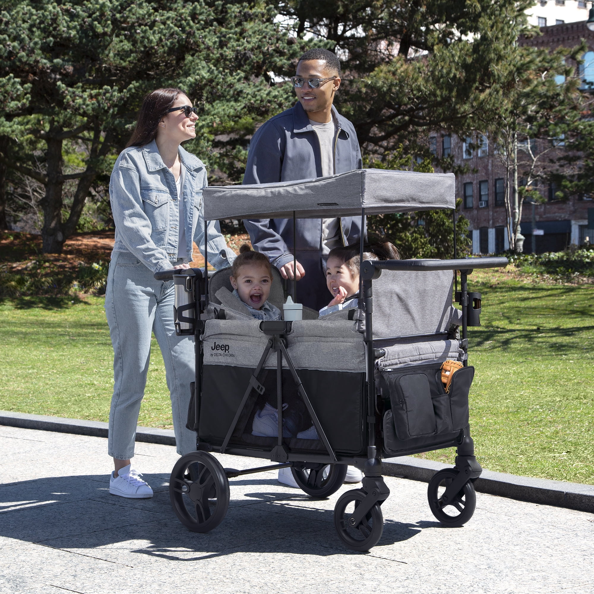 Jeep Aries Stroller Wagon by Delta Children - Premium Wagon for 2 Kids with Convertible Seats, Adjustable Push/Pull Handles, Removable Canopy & Flat Fold - Greenguard Gold Certified, Grey