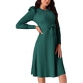 thumbnail image 4 of Vestidos de suéter de manga larga con volantes para mujer INSPIRE CHIC, cuello redondo, cintura con lazo, corte A, estilo casual, tejido de canalé, midi, 2XL, verde, 4 of 5