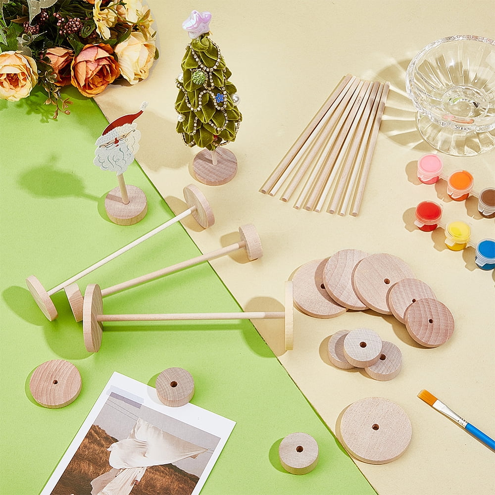 66Pcs Wooden Craft Wheels 33Pcs Wood Sticks 1.1/1.5/2 Inch Natural Wood Wheels Unfinshed Wooden Wheel Flat Round Wheels Stick Set