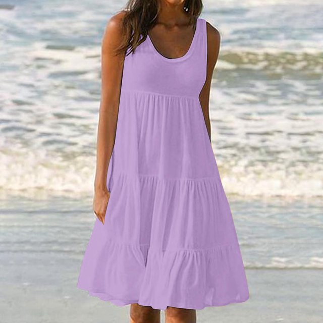 FcBaudy Robes d'Été pour Femmes, Robes pour Femmes, Jupe pour Femmes Robe d'Été pour Femmes à Col Rond Imprimée Sans Manches Robe de Plage pour Femmes Jupe en Coton