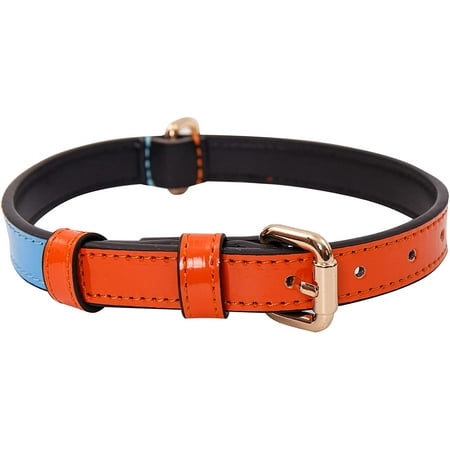 UPC: 0850033792096 | Scotch&Co Leather Pet Collars – Leather Pet Neckband with Elegant Waxed Cotton Stitched Edges | Adjustable Brass Buckle | Suitable for Small & Medium Breed Dogs | Orange-Blue | Medium (12.5 -16.5 )
