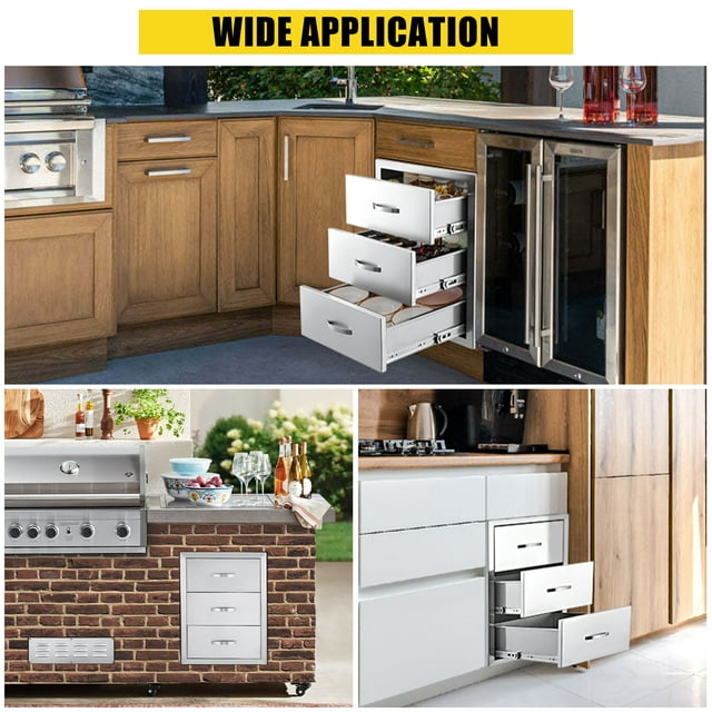 Outdoor Kitchen Drawer – Stainless Steel Triple Drawer – Flush Mount for BBQ Island – Handle & Ventilation Panel – Weatherproof Built-in Storage – 20x23x27 Inch
