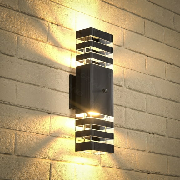 GEYANG dusk to dawn outdoor wall lamp, 3-story black outdoor light emitting above and below, waterproof modern wall lamp, suitable for home gardens, terraces, courtyards, and porches