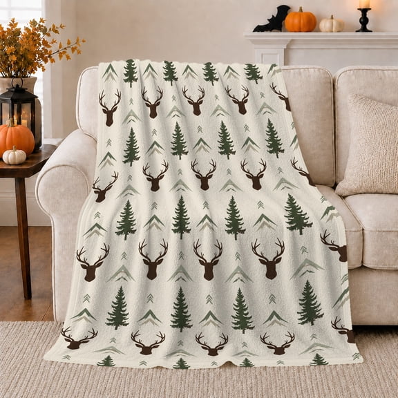 Autumn Forest Deer Pine Tree, Peaceful Mountain Lake Scene, Warm Flannel Blanket for Cabin and Lodge with Detailed Artwork, Outdoor Lovers Thanksgiving Gift, Rustic Home Decor