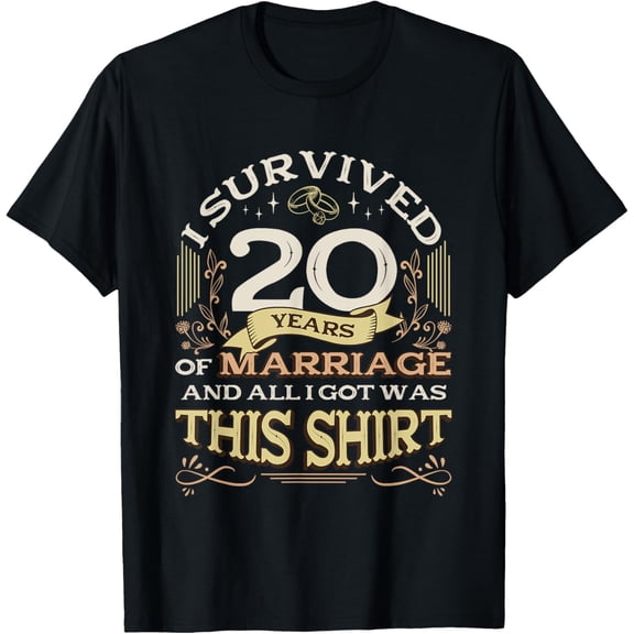 I Survived 20 Years Of Marriage Wedding 20th Anniversary T-ShirtMen's and women's gift, black and white T-shirt, size: Extra large S-4XL