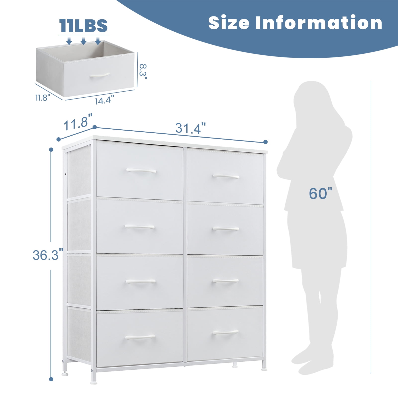 EDX 8 Drawers Dresser for Bedroom with Metal Frame, Wood Tabletop, Storage Chest Drawers, White