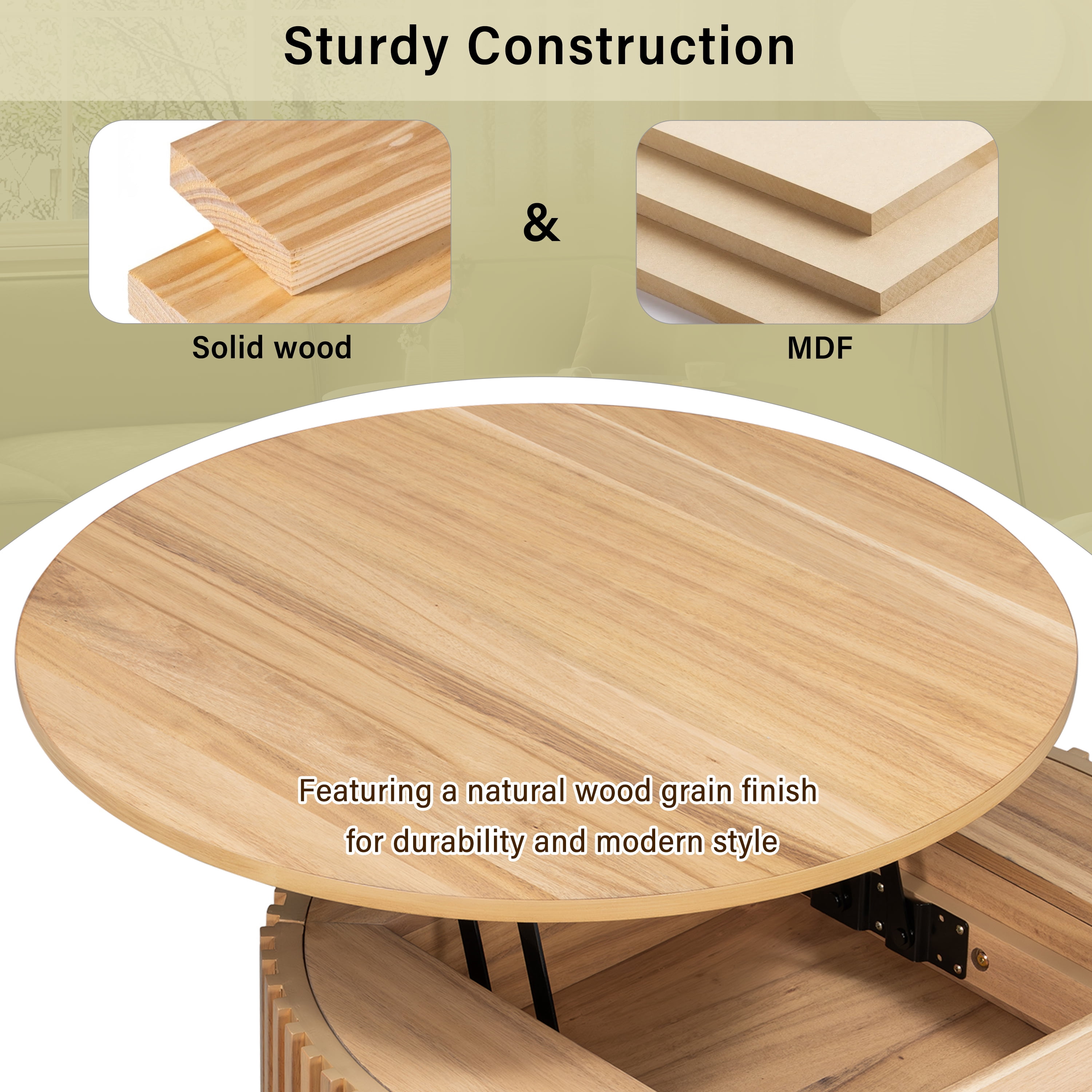 Round Lift Top Coffee Table, Modern Fluted Wood Accent Coffee Table with Hidden Storage for Living Room
