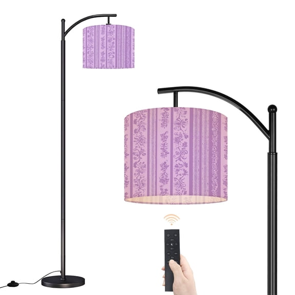 Arc Floor Lamp with Adjustable Lampshade Elegant Purple Floral Stripe Lace Accents Standing Lamp 3 Color Temperatures Dimmable Tall Pole Lamp with Foot Switch for Bedroom Reading Room