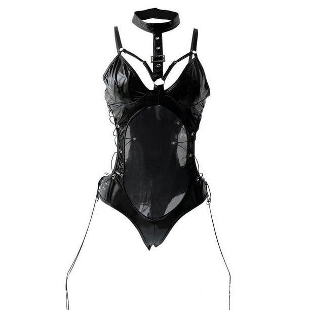 Lencería sexy con escote en V profundo y encaje calado, uniforme de cuero de una pieza ajustado