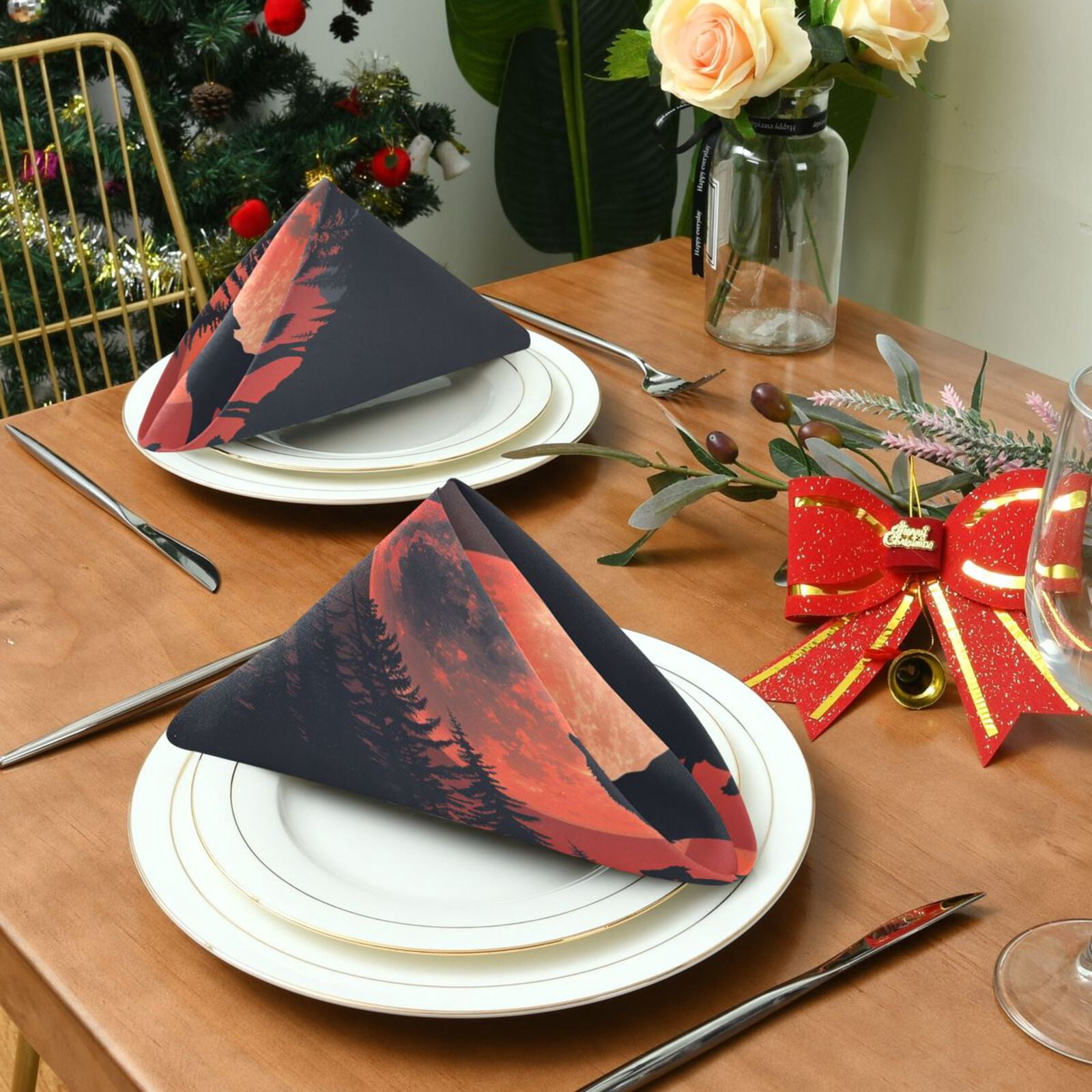 JSTEL Howling Wolf Red Moon Cloth Napkins Set of 6, 20x20 Inch Washable and Reusable Napkin for Decoupage Dinner Party Everyday Use