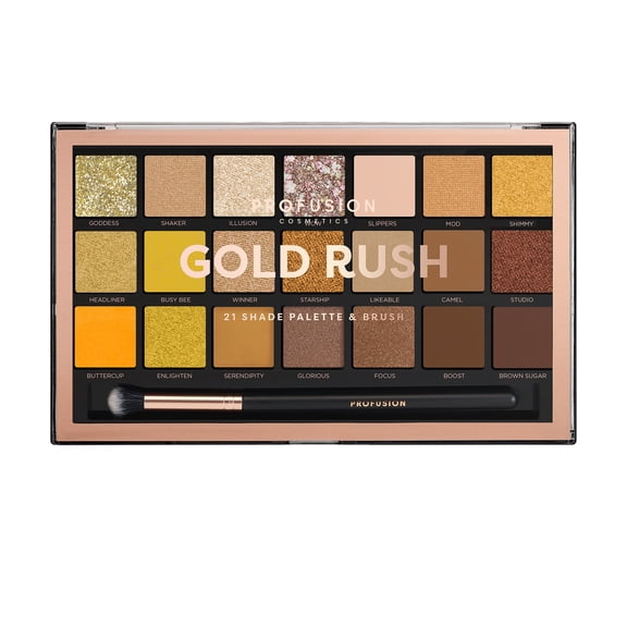 Profusion Cosmetics 21-Color Eyeshadow Palette, Multi Finish With Blendable Pigmented Colors, Includes Pro Series Brush, Travel-Friendly Makeup Set, Gold Rush