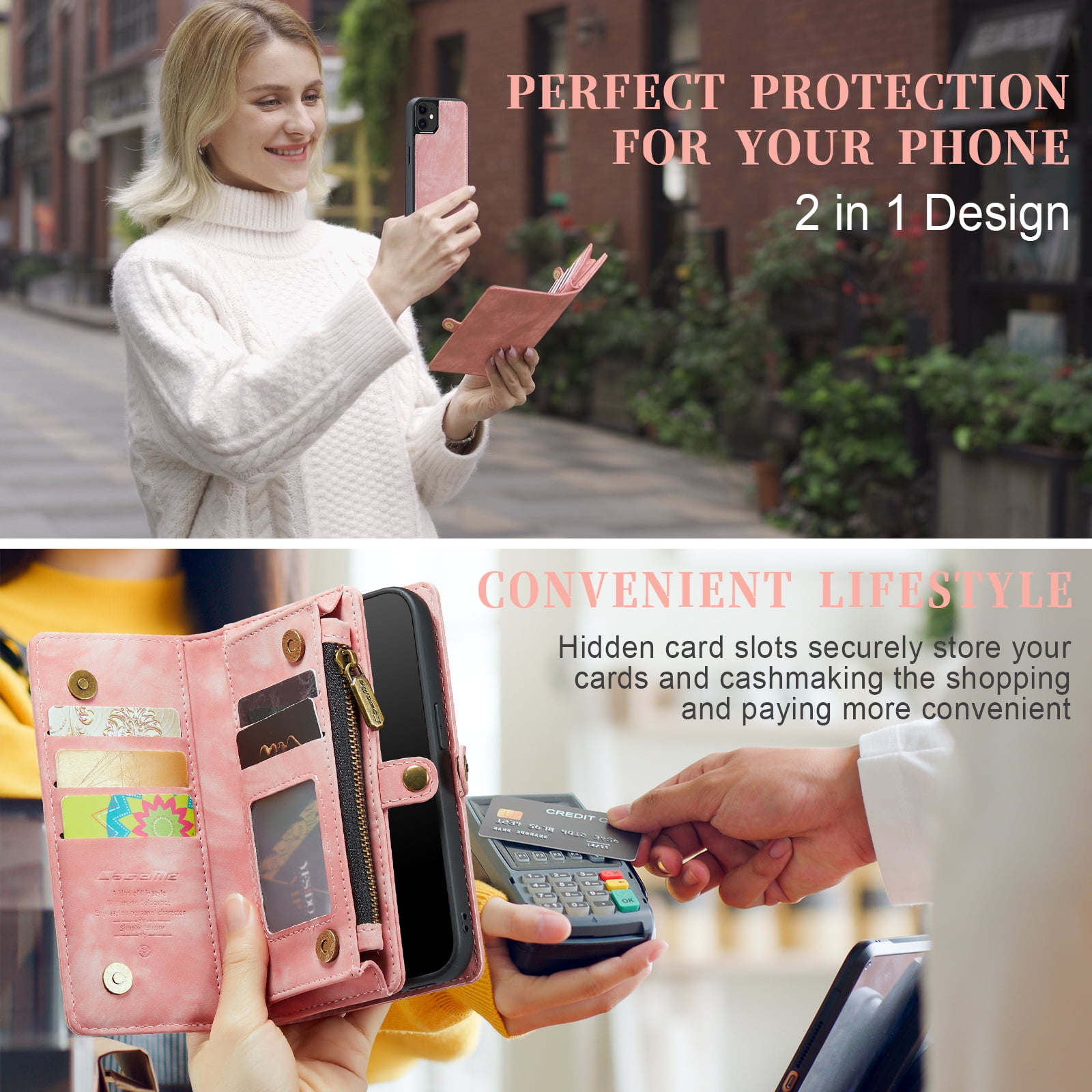 Feishell Durable 2-In-1 Magnetic Detachable Wallet Case for iPhone 12 / iPhone 12 Pro,for Women Men,Premium PU Leather Zipper Pocket Flip Multi Card Slots Purse Phone Case with Wrist Strap,Pink