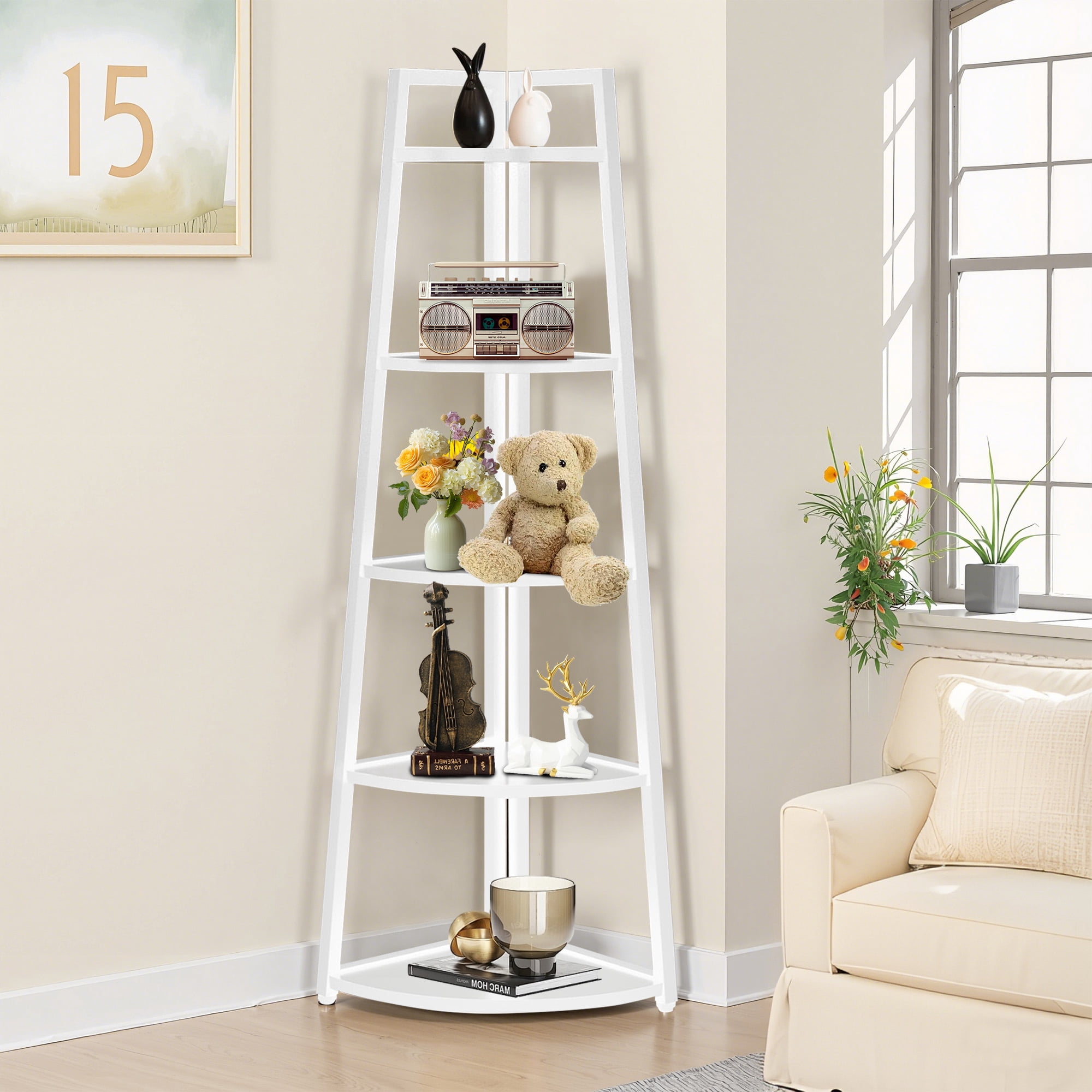 MAYEERTY Space-Saving 5-Tier Corner Ladder Bookcase, 70" Tall Storage Organizer for All Corners of Your Home