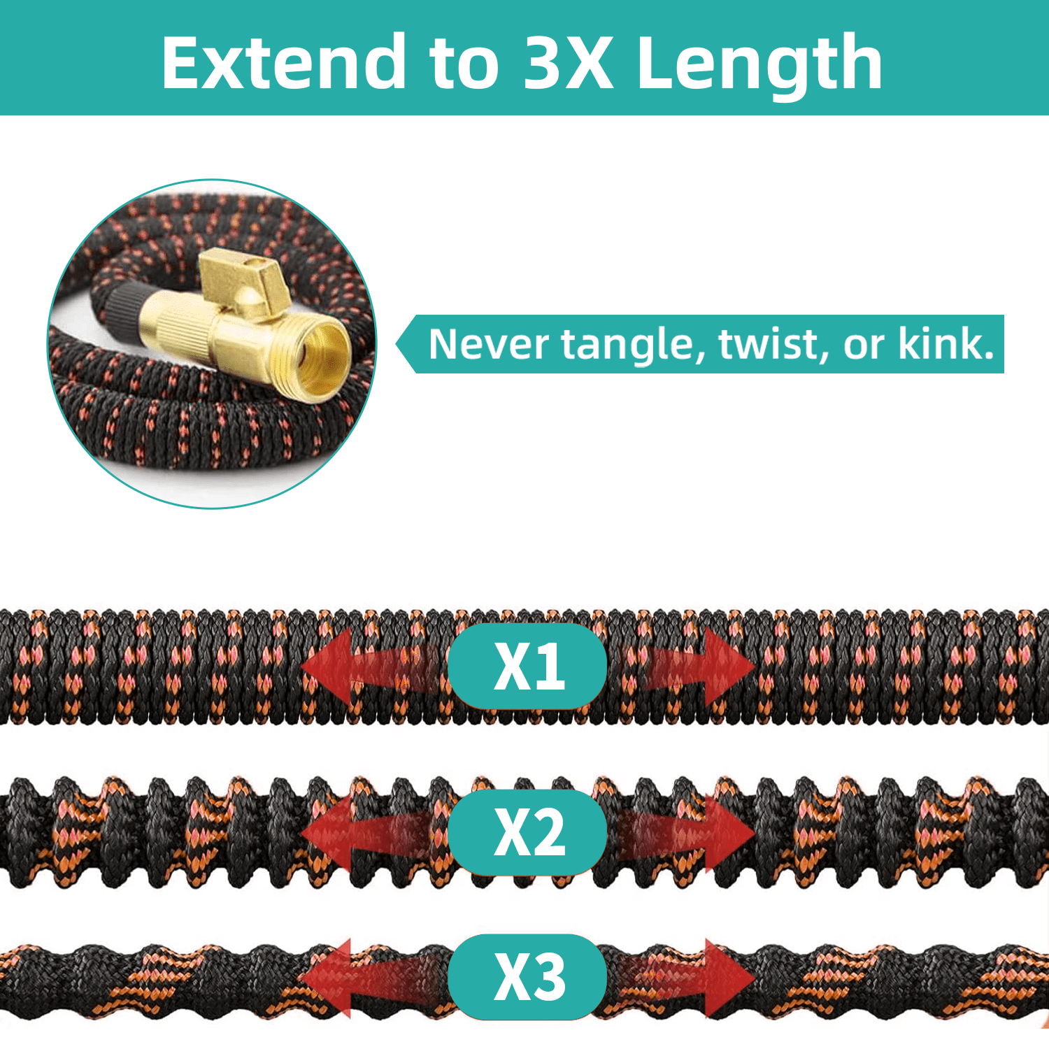 SUNDAN Expandable Garden Hose 50ft No Kink Flexible Water Hoses for Outdoor with 8-Pattern Spray Nozzle(Black/Orange)