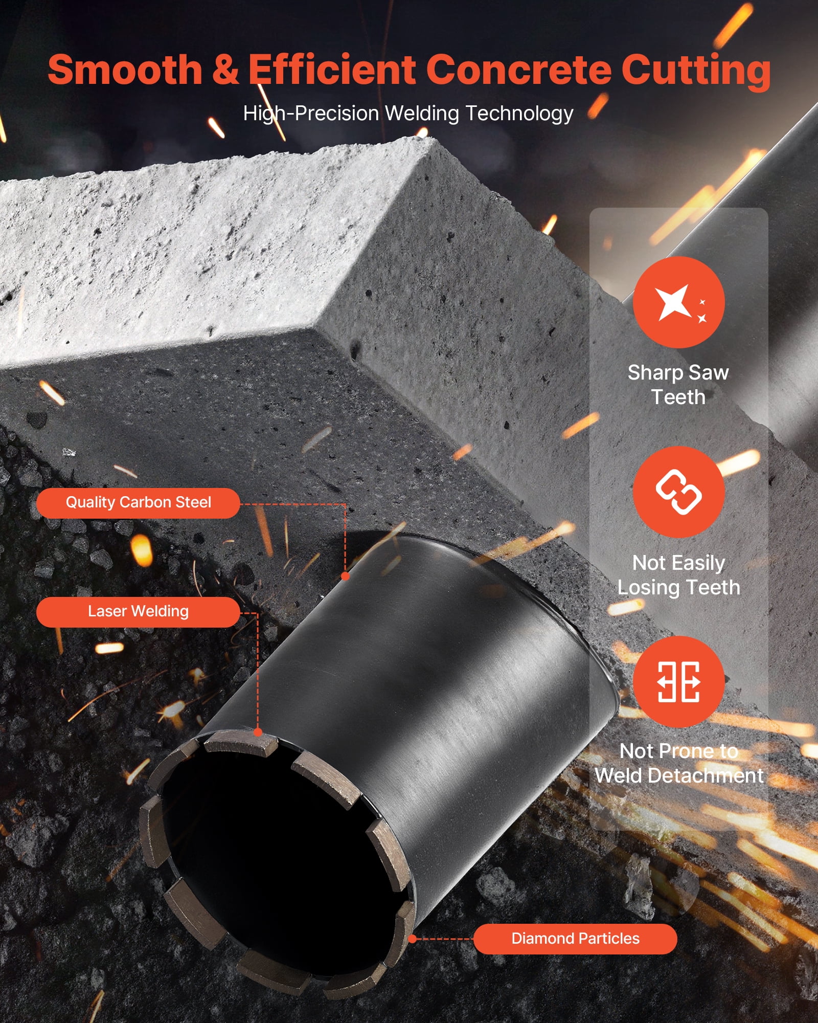 VEVOR Core Drill Bit, 4-1/2 inch Diameter, 14 inch Drilling Depth, 1-1/4 in-7 Internal Thread, High-Precision Welding Technology, Wet Diamond Core Bit for Reinforced Concrete, Bricks, and Masonry