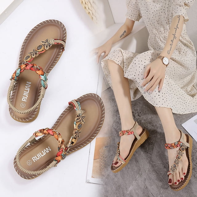 RKSTN Sandals for Women Bohemian Flat Flower Rhinestone Sandals Outer Beach Sandals Soft Comfortable Sandals