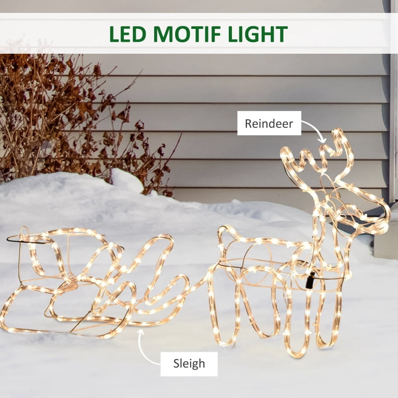 Alvantor Christmas Reindeer & Santa Sleigh with LED Lights, Steel Frame Yard Decoration 17.75"x9.5"x17.75" White