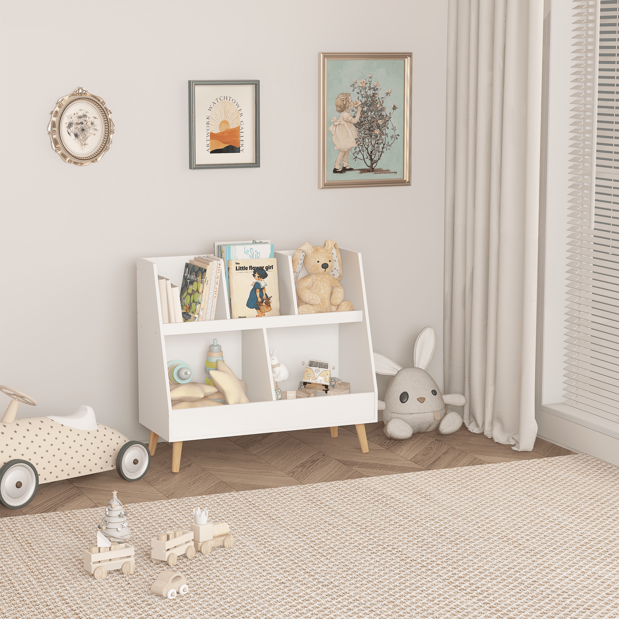 White Kids Bookshelf with 5 Cubbies, 28.54" Toy Organizer for Bedroom & Nursery, 2-Tier Storage Bookcase