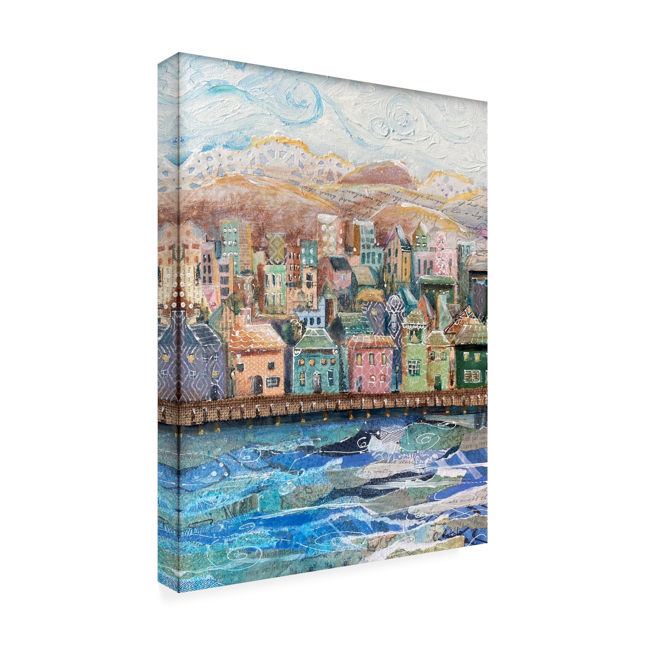 Canvas Wall Art - Christine Rotolo 'Mixed Media Village With Bridge' Wall Art for Living Room, Bedroom, or Office Décor by Trademark Fine Art - 24 x 32 Inches