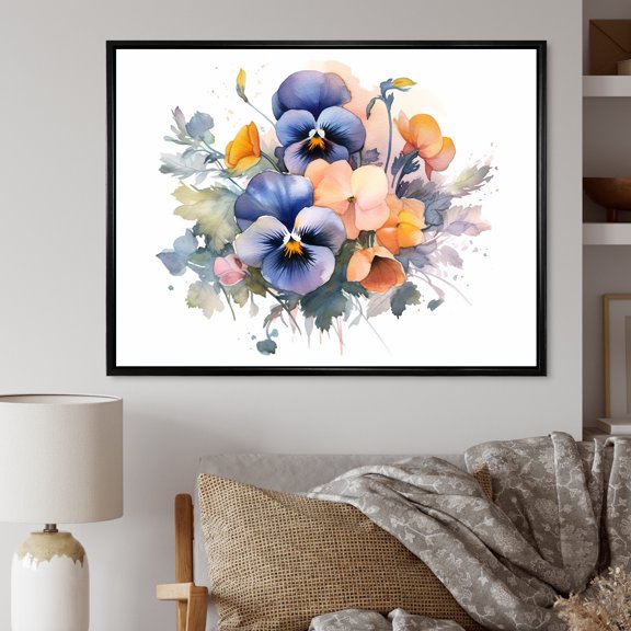 Designart "Vibrant Pansy Garden" Pansies Floater Framed Wall Art Living Room