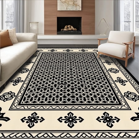 ODIKA 4' x 6' Machine Washable Non-Slip Area Rug, Middle Eastern Lattice High Traffic Rug, Beige, 375159