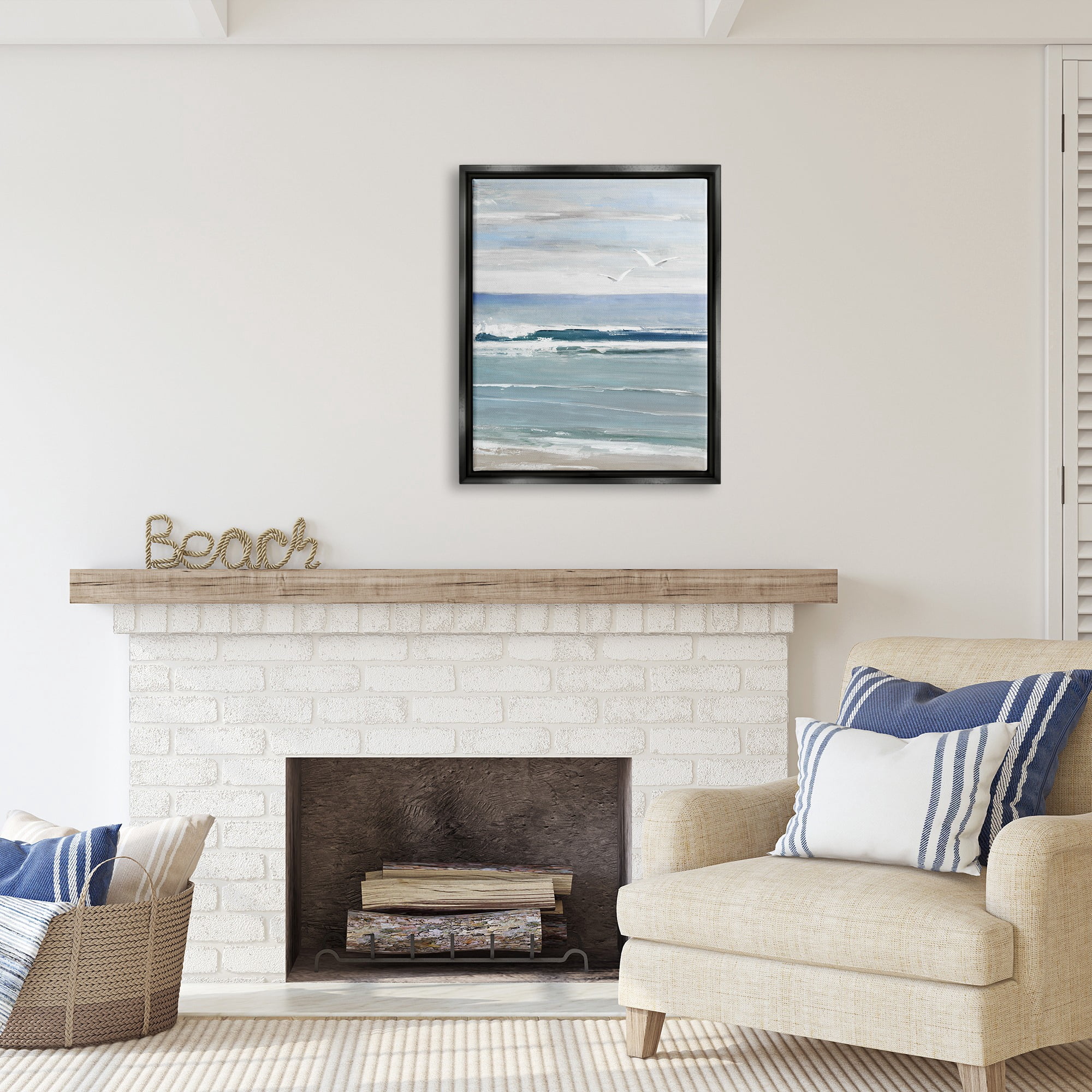 Stupell Industries Seagulls Over Shore Nature Painting Black Floater Framed Canvas Art Print Wall Art, 25 x 31