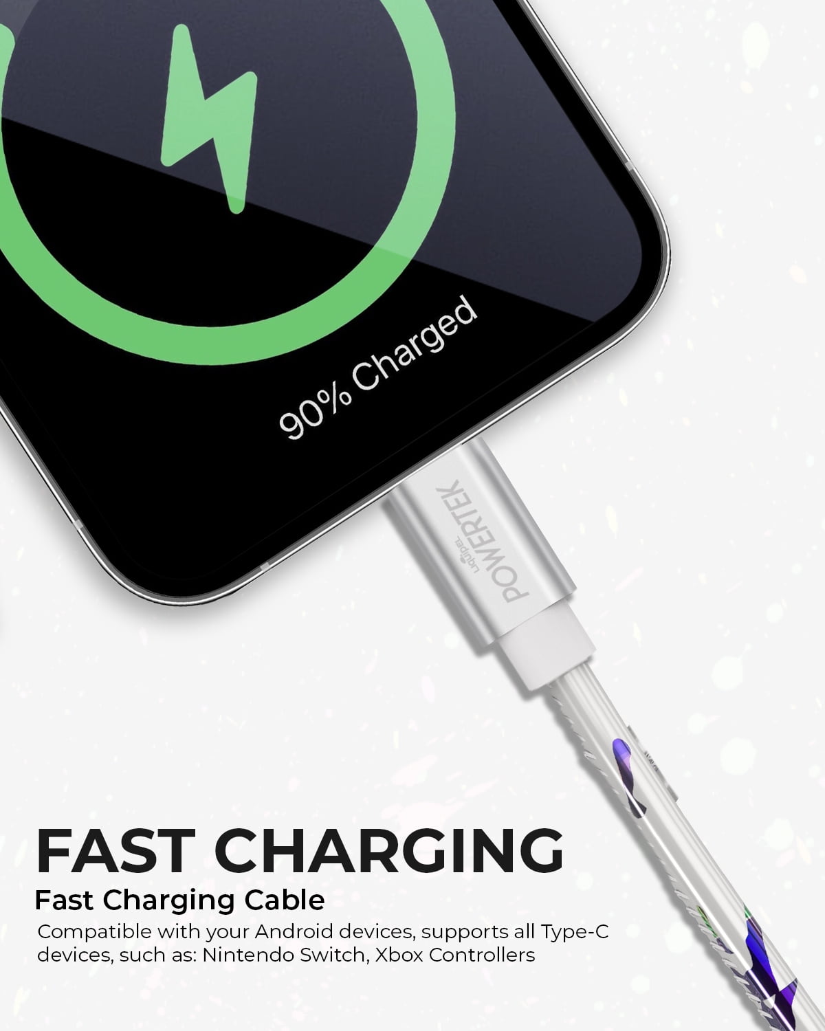 Liquipel Powertek Type-C Fast Charger Cable, 6ft USB-C for Galaxy, Note, Tab, MacBook, Neon Party